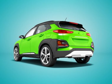 Modern yeşil araba crossover için şehir turları 3d render gölge ile mavi arka plan üzerinde