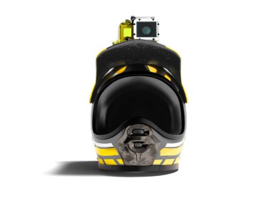 Modern sarı motosiklet kask ile sarı eylem kamera önünde 3d render gölge beyaz zemin üzerine