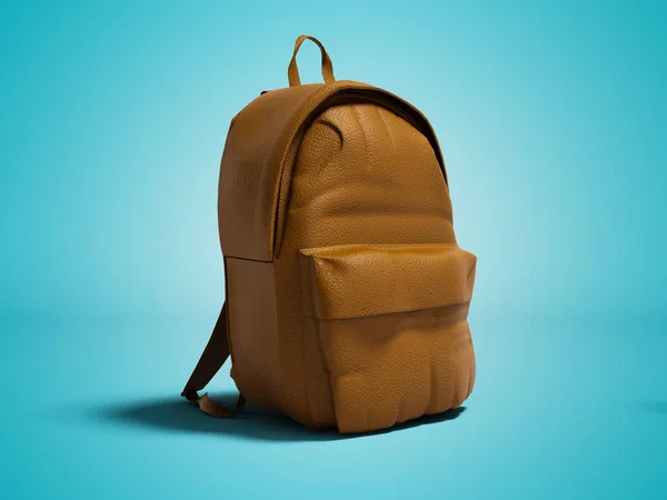 Modern brown leather backpack in school for children and teens right view 3D render on blue background with shadow