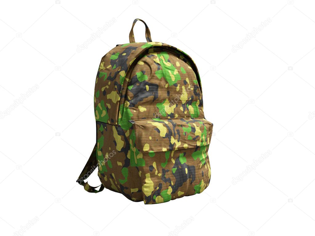 Modern military backpack in school for boy and teenager with green brown color 3d render on white background no shadow