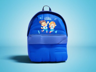 Modern mavi sırt çantası genç resmi olan çocuklar için okulda okul 3d render üzerinden gölge ile mavi arka plan üzerinde