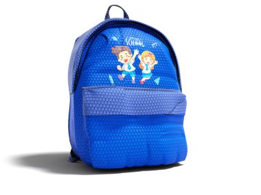 Modern mavi sırt çantası içinde genç resmi olan çocuklar için okul okul görünümünde doğru 3d kaynaklı render gölge beyaz zemin üzerine