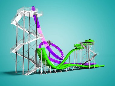 Mor büyük su kaydırağı ve küçük yeşil su için su park ve plaj eğlenceli yaz 3d render gölge ile mavi arka plan slayt