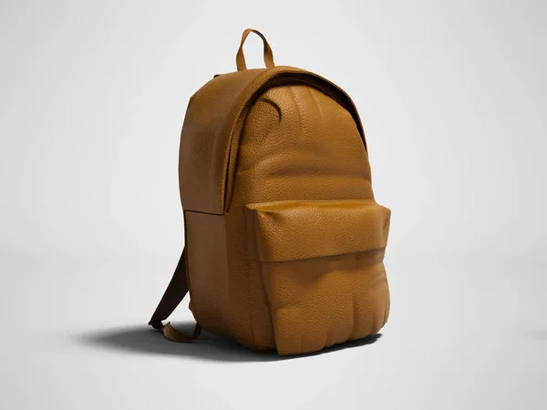 Modern brown leather backpack in school for children and teens right view 3D render on gray background with shadow