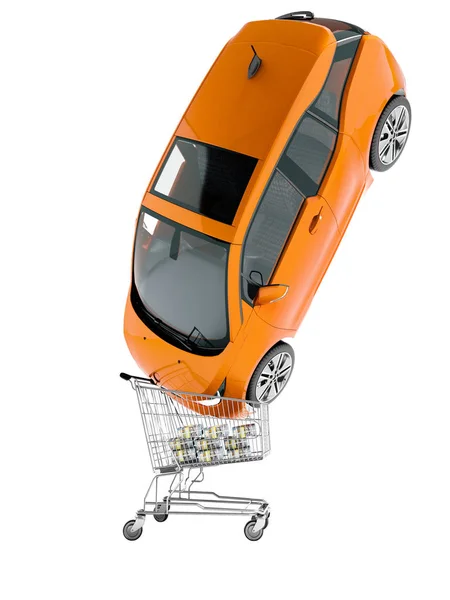 Moderner Verkauf Eines Orangefarbenen Elektroautos Einkaufswagen Über Geldbündel Rendering Auf — Stockfoto