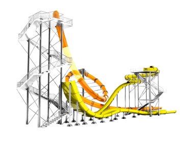 Turuncu büyük su kaydırağı ve küçük sarı su 3d render beyaz arka plan gölge yok yaz aylarında su park ve plaj eğlenmek için slayt