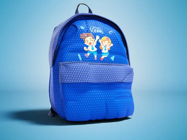 Modern mavi sırt çantası içinde genç resmi olan çocuklar için okul okul görünümünde doğru 3d kaynaklı render gölge ile mavi arka plan üzerinde