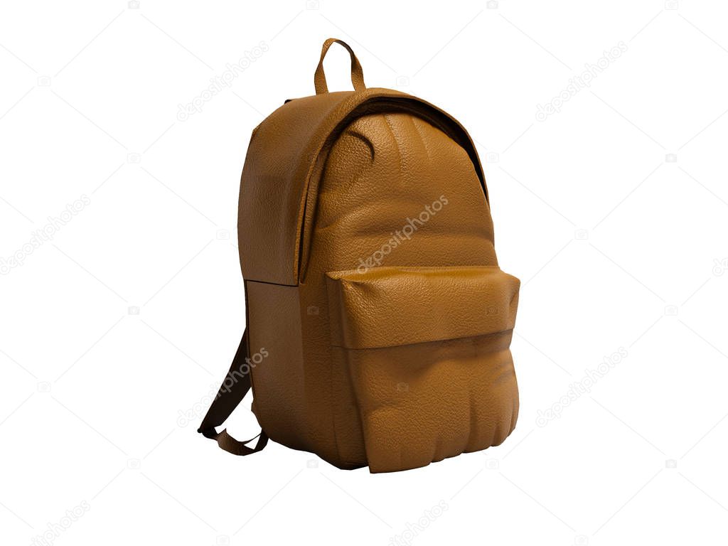Modern brown leather backpack in school for children and teens right view 3D render on white background no shadow