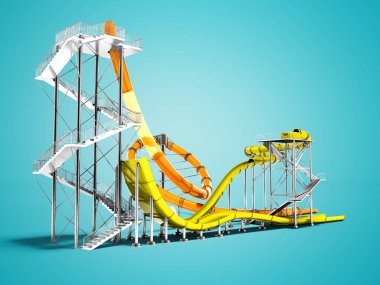 Turuncu büyük su kaydırağı ve gölge ile mavi arka plan üzerinde yaz 3d render su park ve plaj eğlenmek için küçük sarı su kaydırağı