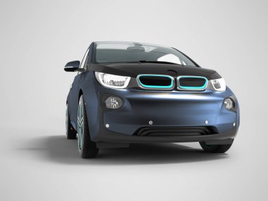 Modern yeni mavi elektrikli araba önden görünüm 3d render gölge ile gri arka plan üzerinde