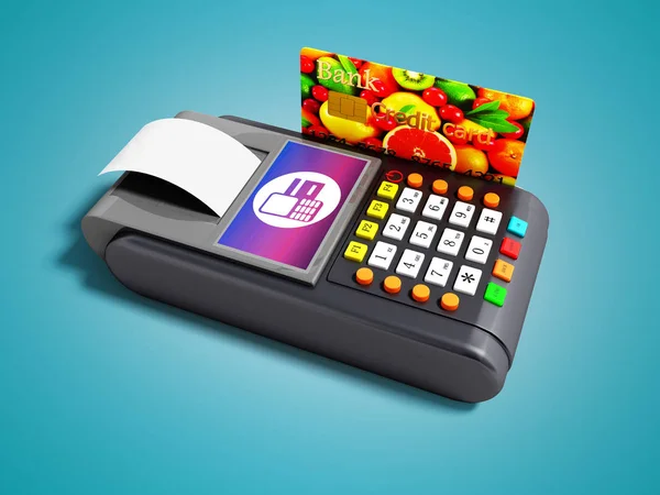 Modern terminal of payment card POS terminal with credit card and receipt 3d render on blue background with shadow