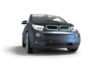 Modern yeni mavi elektrikli araba önden görünüm 3d render gölge beyaz zemin üzerine