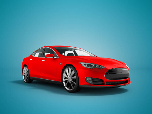 Современный новый красный электромобиль 3D рендеринг на синем фоне с тенью
