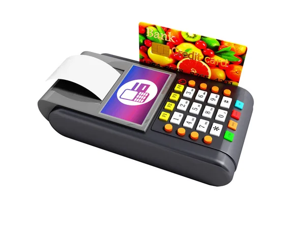现代终端的支付卡 Pos 终端与信用卡和收据3D 渲染白色背景无阴影 — 图库照片