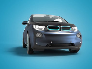 Modern yeni mavi elektrikli araba önden görünüm 3d render gölge ile mavi arka plan üzerinde