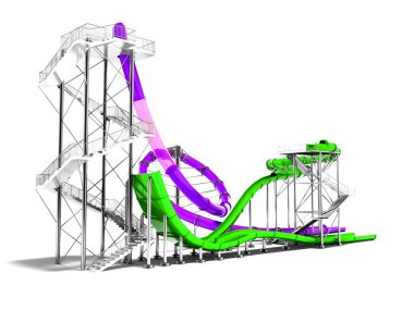 Mor büyük su kaydırağı ve küçük yeşil su için su park ve plaj eğlenceli yaz 3d render gölge beyaz zemin üzerine slayt
