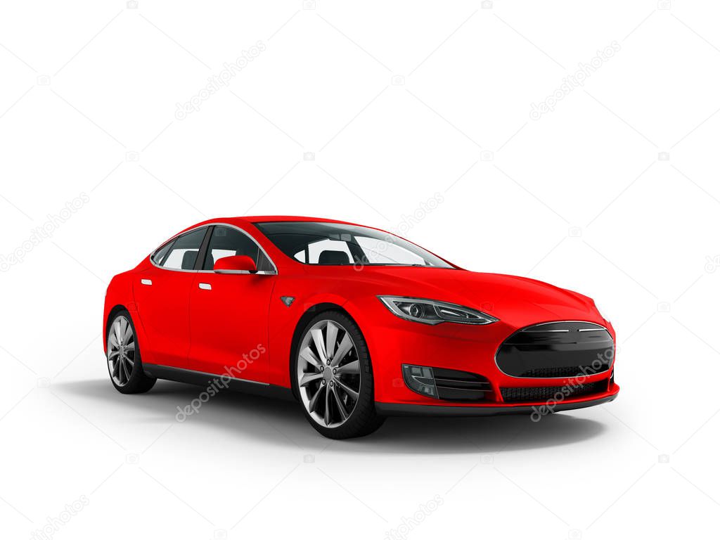 Modern new red electric car 3d rendering on white background with shadow