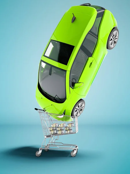 Modern sale of an green electric car in shopping cart over bundle of money 3d render on blue background with shadow