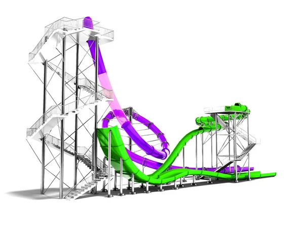 紫色大水滑梯和小绿水滑梯水上公园和海滩乐趣夏季3D 渲染白色背景与阴影 — 图库照片