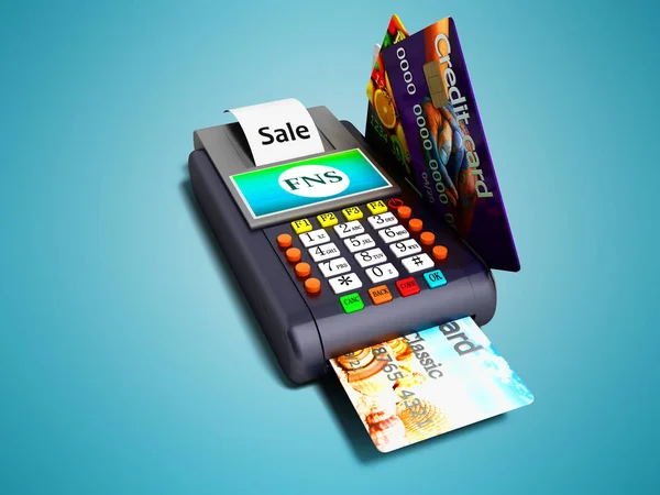 Modern Nfs payment on payment card POS-terminal with credit card inside and outside view perspective 3d render on blue background with shadow