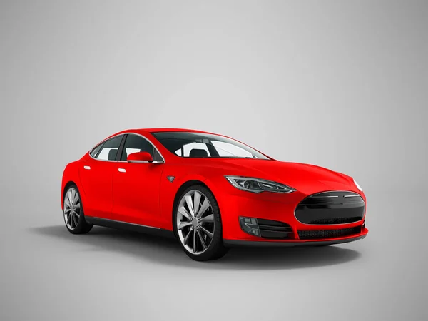 现代新型红色电动车3D 渲染灰色背景阴影 — 图库照片
