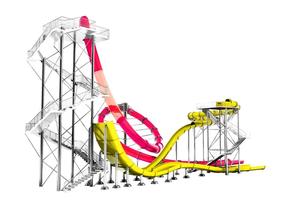 红色大水滑梯和小黄水滑梯水上公园和海滩乐趣夏天3D 渲染白色背景无阴影 — 图库照片