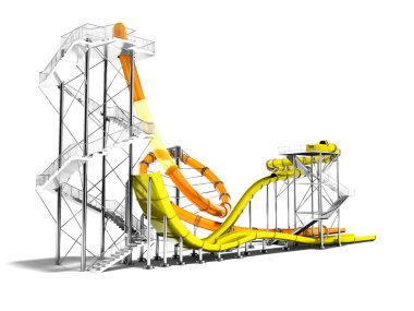 Turuncu büyük su kaydırağı ve gölge beyaz zemin üzerine yaz 3d render su park ve plaj eğlenmek için küçük sarı su kaydırağı