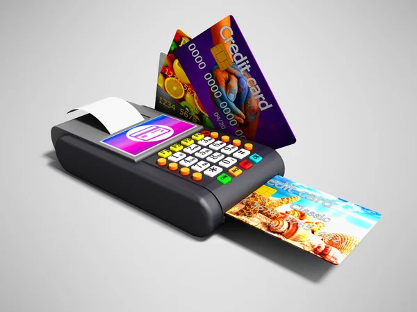 Modern Nfs payment on payment card POS-terminal with credit card inside and outside the left view 3d render on gray background with shadow