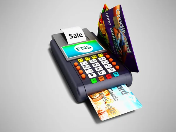 Modern Nfs payment on payment card POS-terminal with credit card inside and outside view perspective 3d render on gray background with shadow
