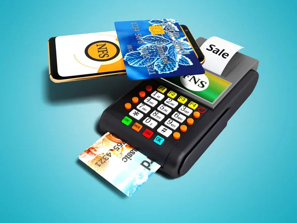 Nfs payment via phone with credit card on payment card POS terminal with credit card top view 3d render on blue background with shadow