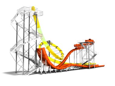 Sarı büyük su kaydırağı ve gölge beyaz zemin üzerine yaz 3d render su park ve plaj eğlenmek için küçük turuncu su kaydırağı