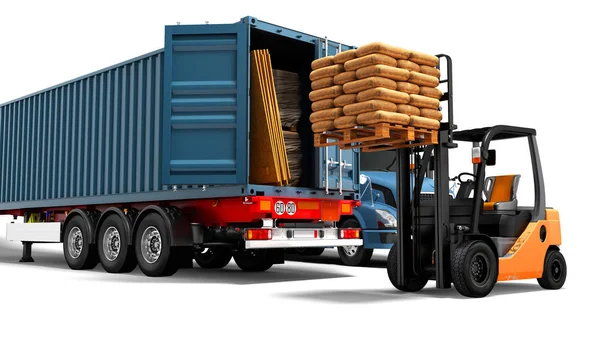 Сучасна Концепція Завантаження Розвантаження Вантажів Синього Вантажівки Причепом Будівельними Матеріалами — стокове фото
