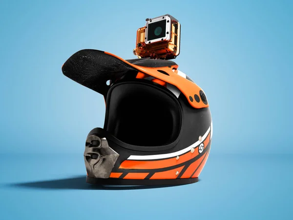 现代橙色摩托车头盔与行动摄像头视角从底部3D 渲染蓝色背景与阴影 — 图库照片