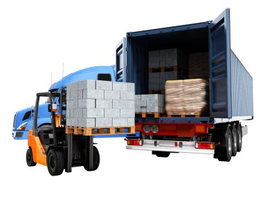 Yükleme ve boşaltma kargo mavi traktör kamyon yapı malzemeleri ve palet ile forklift ile ile gelen modern kavramı, izole 3d beyaz arka plan üzerinde render gölge yok