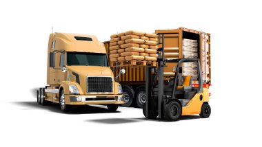 Modern portakal kamyondan römork ile yapı malzemeleri ile boşaltma kargo kavramı ve turuncu bir forklift palet ile 3d render gölge beyaz zemin üzerine izole