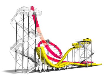 Kırmızı büyük su kaydırağı ve gölge beyaz zemin üzerine yaz 3d render su park ve plaj eğlenmek için küçük sarı su kaydırağı