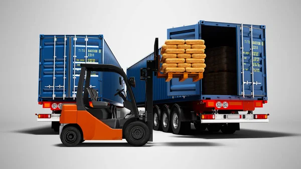 Freight, package packaging, warehouse logistics and the concept of loading and unloading cargo, two trucks with building materials and forklift with pallet, isolated 3d render on gray background with shadow