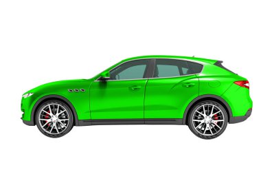 Modern yeşil araba crossover için 3d render beyaz arka plan hiçbir gölge iş gezileri yan görünüm
