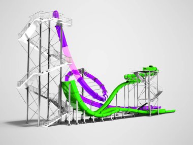 Mor büyük su kaydırağı ve küçük yeşil su su park ve plaj eğlenceli yaz 3d render için gölgeli gri arka plan üzerinde slayt