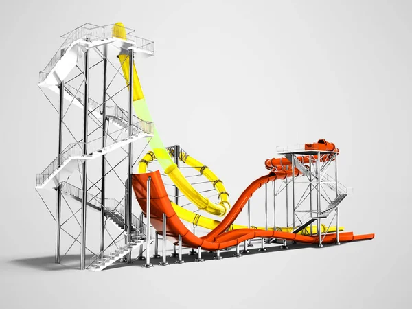 黄色大水滑梯和小橙水滑梯水上公园和海滩乐趣夏季3D 渲染灰色背景与阴影 — 图库照片