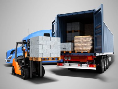 Modern kavramı yükleme ve yapı malzemeleri ile kamyon ve forklift palet ile mavi traktör kargo boşaltma izole 3d render gölge ile gri arka plan üzerinde