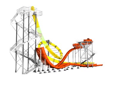 Sarı büyük su kaydırağı ve küçük portakal suyu 3d render beyaz arka plan gölge yok yaz aylarında su park ve plaj eğlenmek için slayt