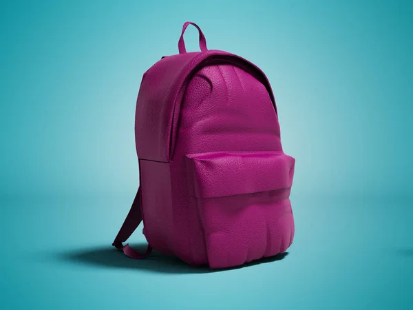 Modern raspberry leather backpack in school for children and teens left view 3D rendering on blue background with shadow