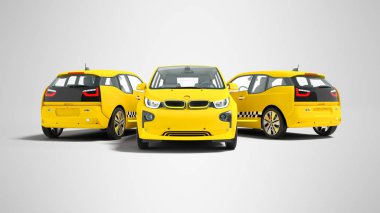 Modern üç sarı taksi elektrikli araba 3d render gölge ile gri arka plan üzerinde kavramı
