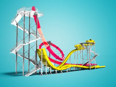 Kırmızı büyük su kaydırağı ve gölge ile mavi arka plan üzerinde yaz 3d render su park ve plaj eğlenmek için küçük sarı su kaydırağı