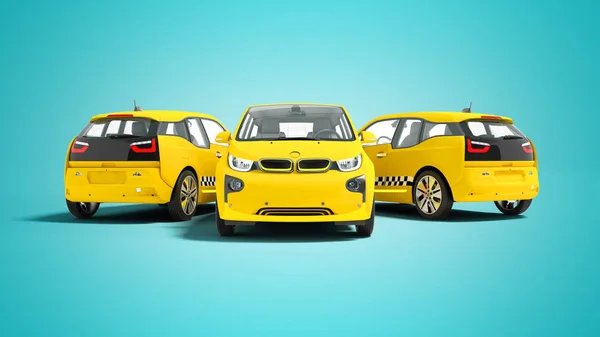 Begreppet Modern Tre Gula Taxi Elbilen Rendering Blå Bakgrund Med — Stockfoto