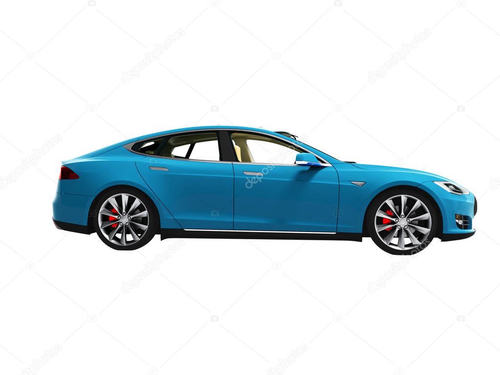 Modern new blue electric car for long trips view to the left 3d render on white background no shadow