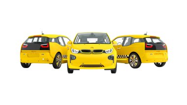 Kavramı, modern üç sarı taksi elektrikli araba 3d render beyaz zemin üzerine gölge yok