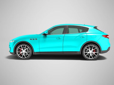Modern mavi araba crossover için iş gezileri yan görünümü 3d render gölge ile gri arka plan üzerinde