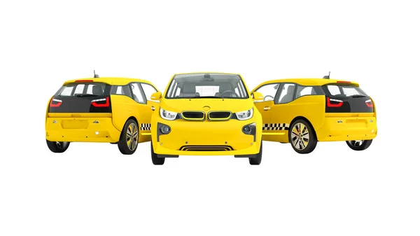 Концепція Сучасного Трьох Жовтих Таксі Електричного Автомобіля Рендеринга Білому Тлі — стокове фото